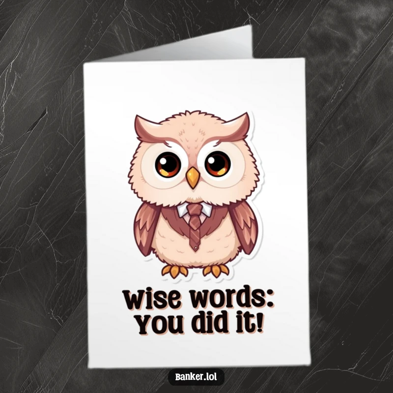 Funny Free Printable Congratulations Card: Fluffy owl in formal wear offers congratulations on smart achievements.
