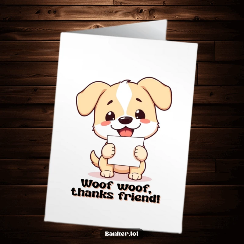 Funny free printable thank you card: A happy, bouncy dog with floppy ears diligently holding a stack of thank you papers.