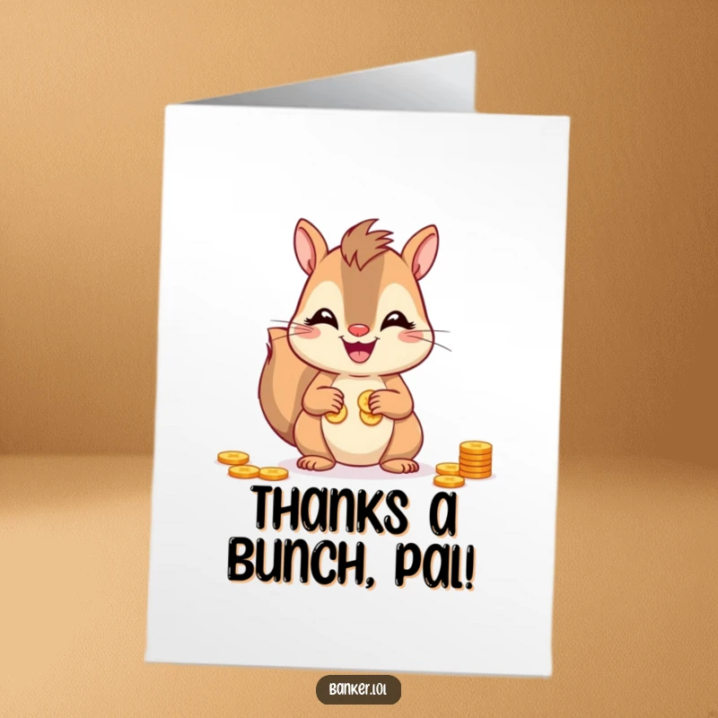 Funny free printable thank you card: A smiling squirrel meticulously counting coins, conveying thanks in the most amusing way.