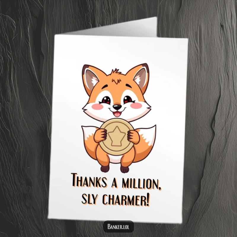 Funny Free Printable Thank You Card: Playful fox with a confident grin, holding a large coin, offering sincere thanks.