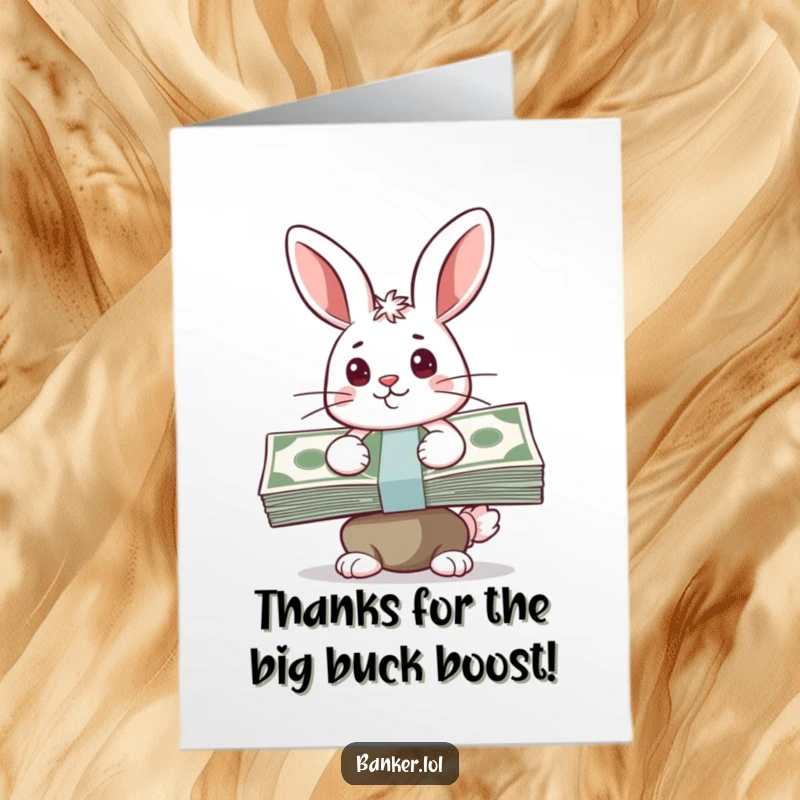 Funny Free Printable Thank You Card: Happy bunny with a determined look, balancing a stack of cash, offering a heartfelt thank you.