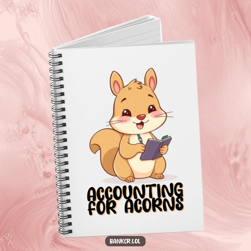 Funny notebook cover showing a cheerful squirrel diligently writing in a small ledger, perfect for capturing thoughts and figures.