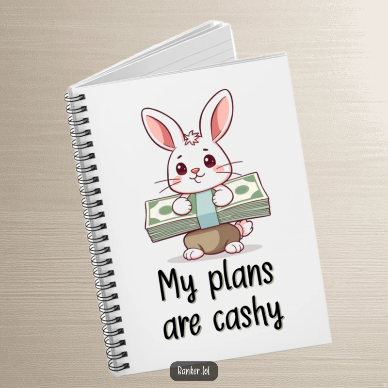 Funny notebook cover displaying a happy bunny with a determined expression, balancing a stack of cash, perfect for tracking financial goals.