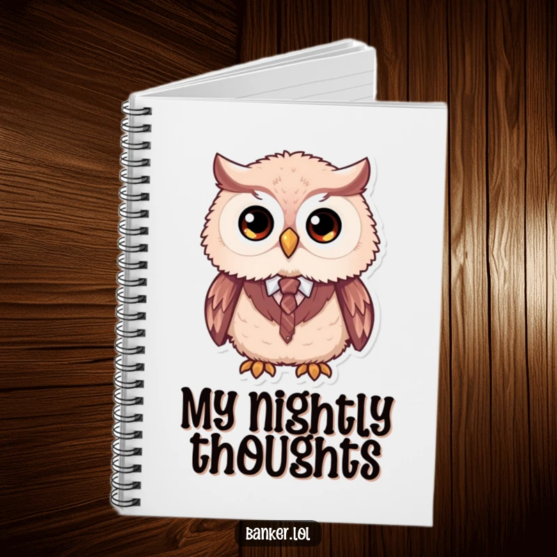 Funny formal owl notebook with a fluffy owl, large simple eyes, wearing a tiny vest and tie, perfect for journaling.