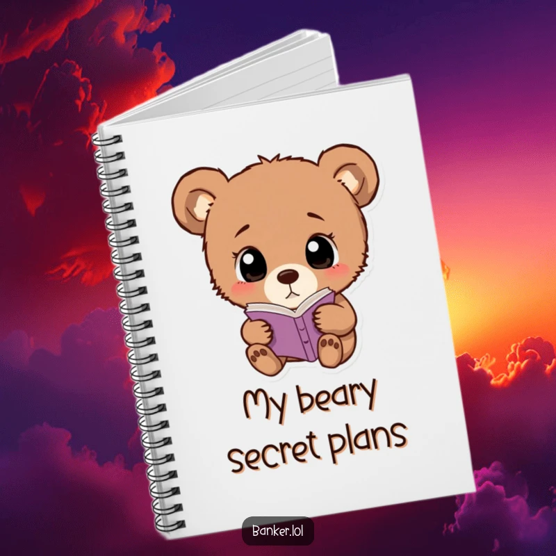 Funny bear cub notebook with wide, simple eyes, examining a ledger, ideal for documenting discoveries.