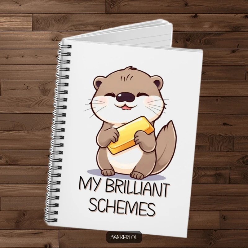 Funny notebook with a giggling otter presenting a gold bar, designed for capturing funny thoughts and brilliant ideas with style.