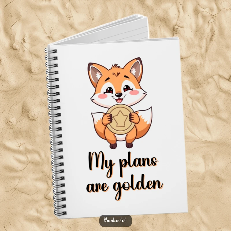 Funny notebook cover displaying a playful fox with a confident grin, holding a large coin, perfect for jotting down winning ideas.