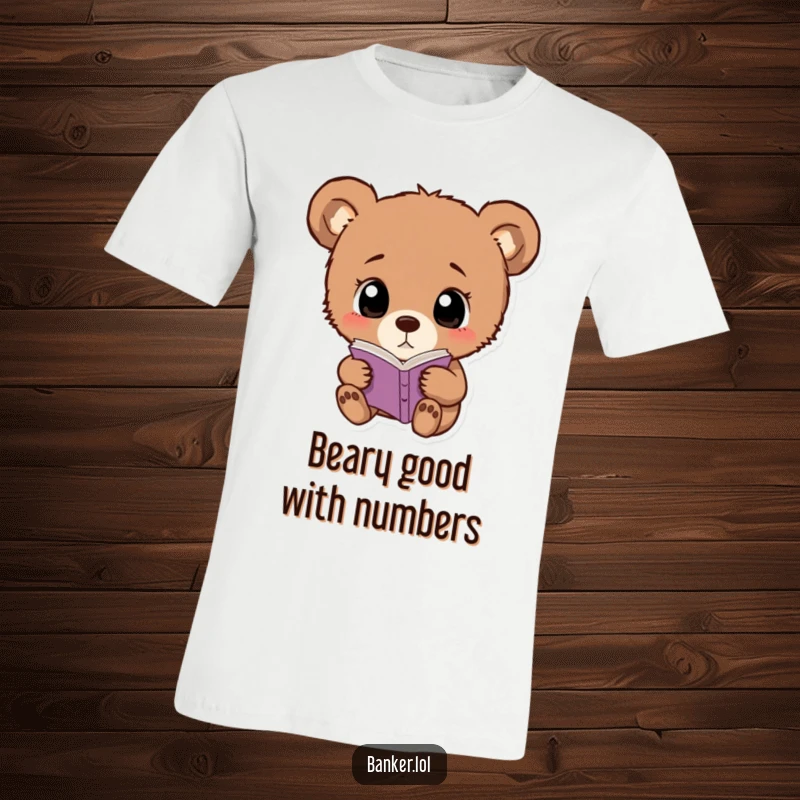 Funny bear cub t-shirt featuring a curious cub with wide eyes, intently studying a small ledger.