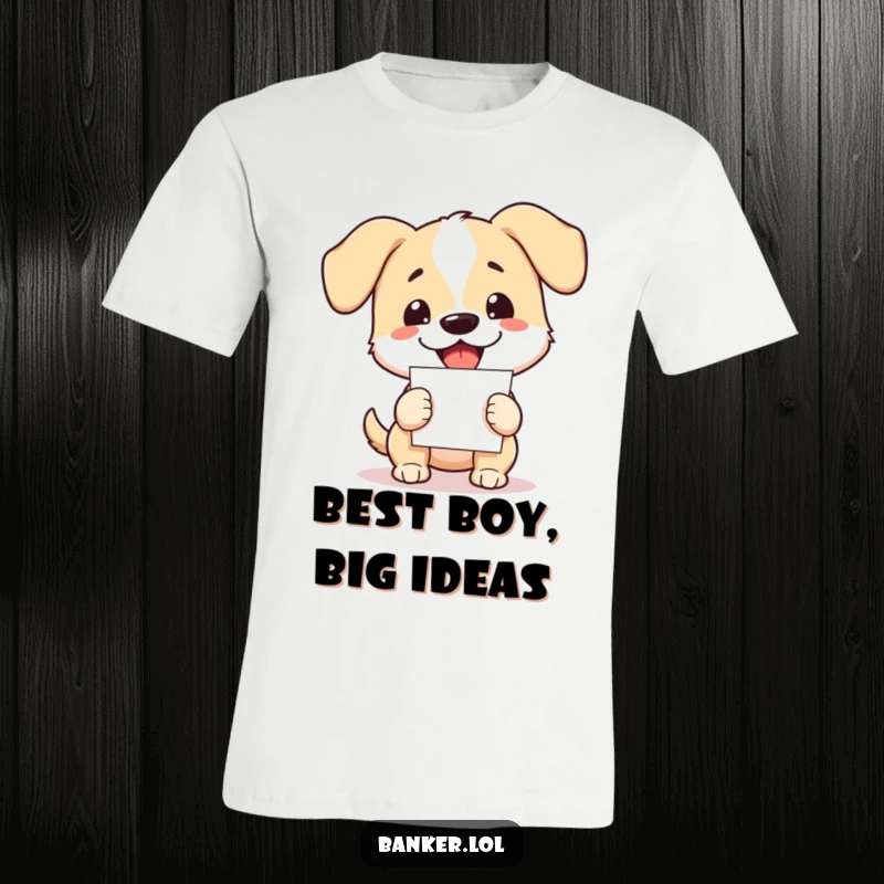 Funny dog t-shirt featuring an enthusiastic dog with floppy ears, energetically balancing a huge stack of papers.
