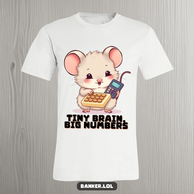 Funny t-shirt featuring a cute, fluffy mouse excitedly using a small calculator, perfect for math enthusiasts and finance professionals.