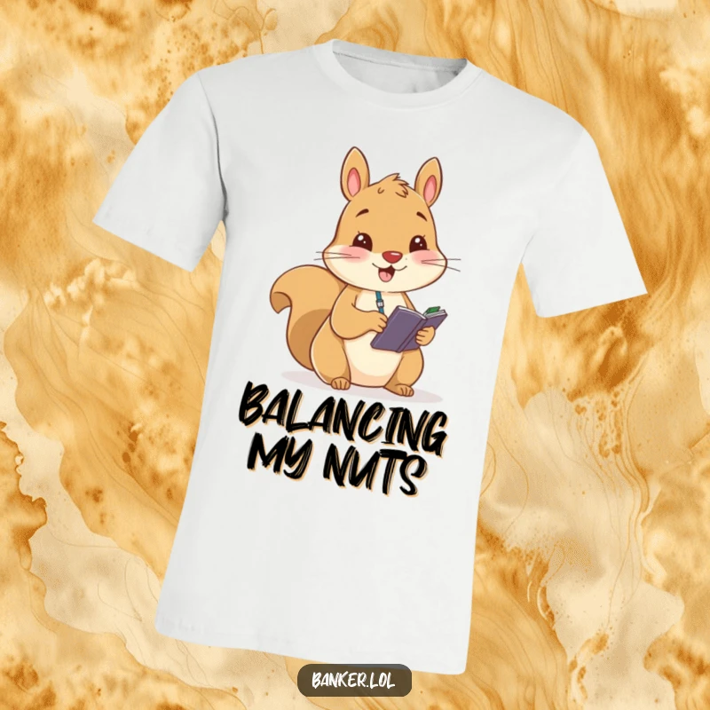 Funny t-shirt with a cheerful squirrel carefully writing in a small ledger, perfect for finance enthusiasts and detail-oriented individuals.