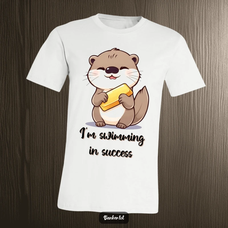Funny t-shirt featuring a giggling otter with a decorative gold bar, exuding happiness and a playful, generous spirit.