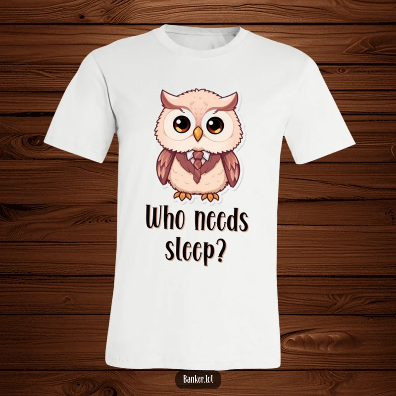Funny formal owl t-shirt featuring a fluffy owl with large simple eyes, dressed in a tiny vest and tie, looking dapper.