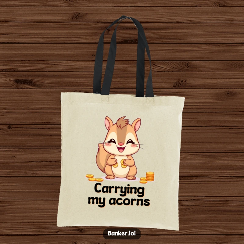 Funny squirrel tote bag featuring a beaming squirrel diligently counting coins with its nimble paws, ready for shopping.