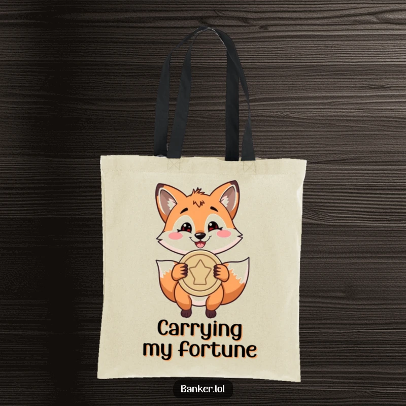 Funny tote bag featuring a playful fox with a confident smile, holding a large coin, ready to carry your essentials.