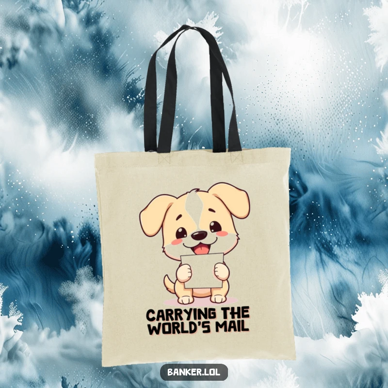 Funny dog tote bag with floppy ears, cheerfully holding a large stack of papers, ready for any errand.