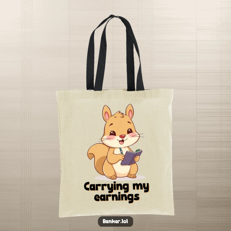 Funny tote bag with a cheerful squirrel diligently writing in a small ledger, designed for carrying everyday essentials with a humorous touch.